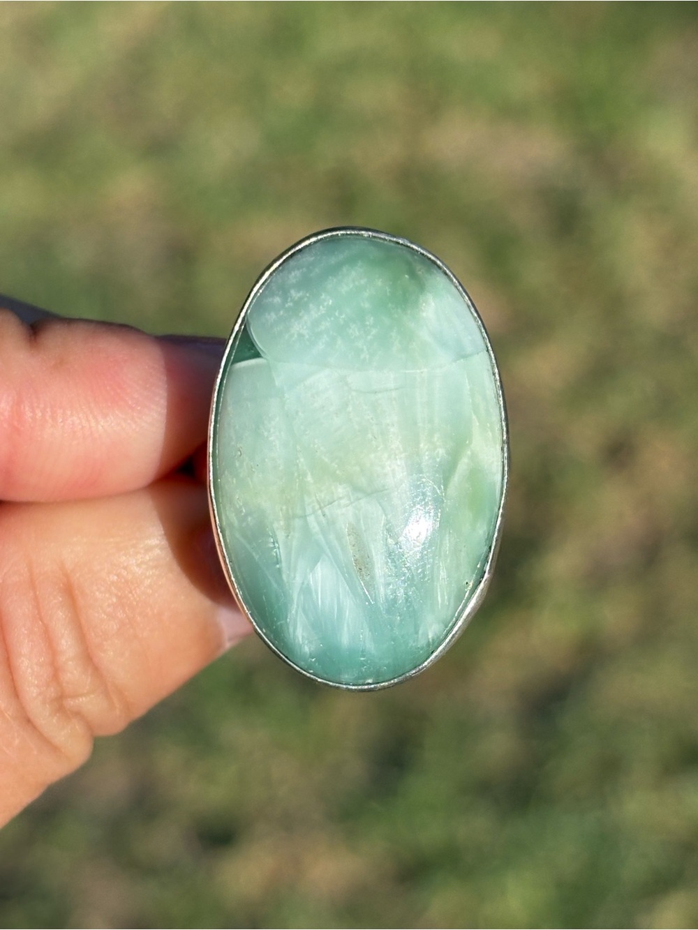 925 Silver Plated Handmade Oval Seafoam Green Hememorphite Stone Ring